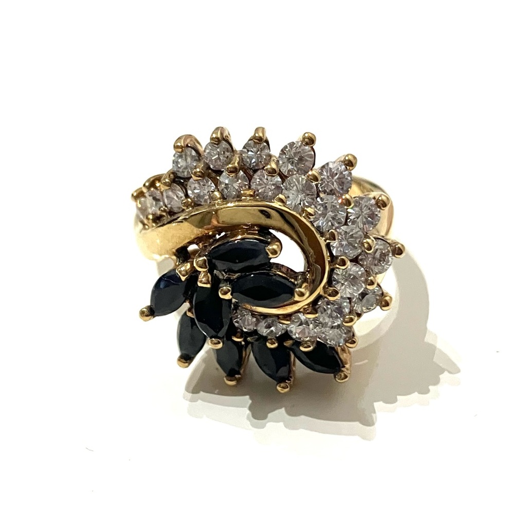 Gold Tone Clear Black CZ Swirl Cluster Ring